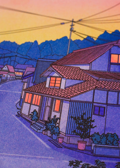 Nowhere in Japan poster, close-up on Japanese houses with lit windows at sunset