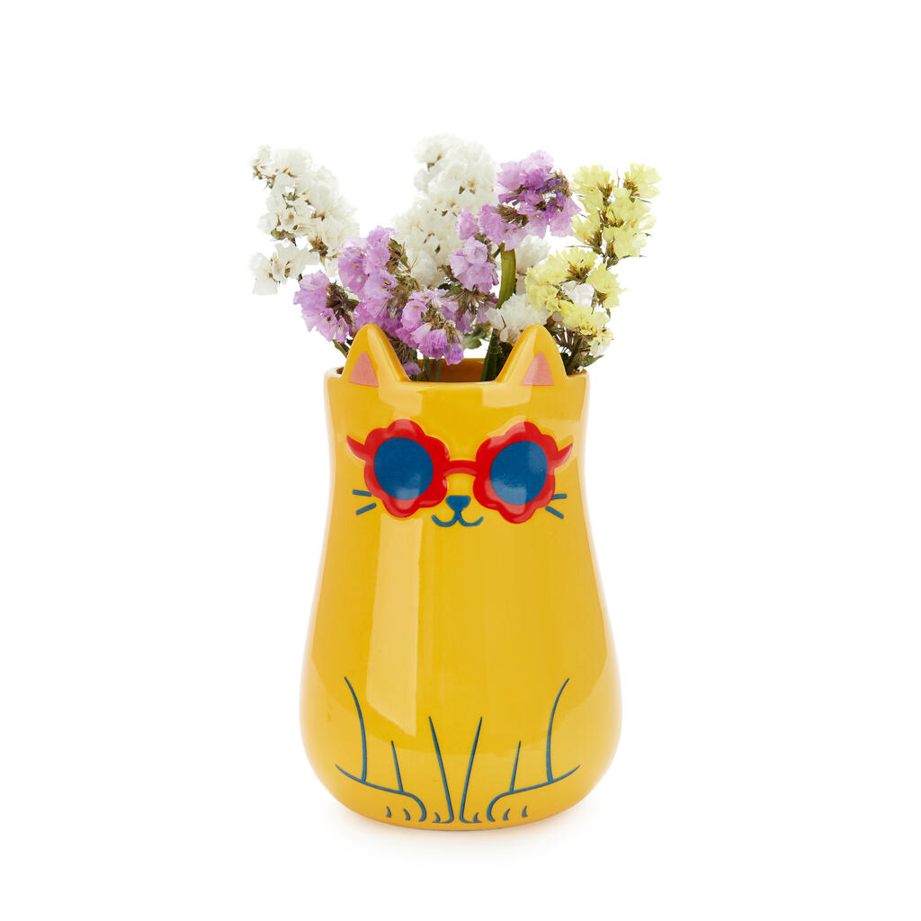 Cool Cat Vase: a hand holding the yellow cat character with sunglasses and handle, blue background.
