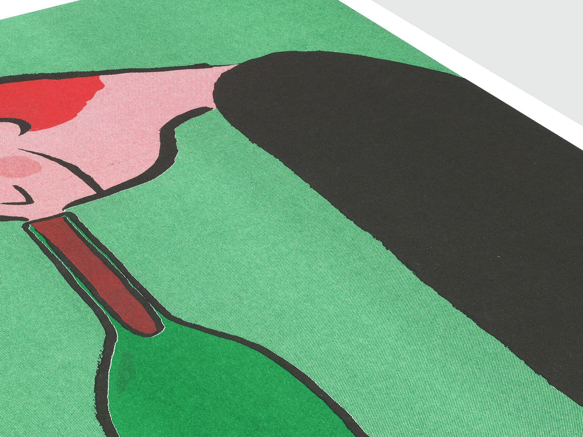 Bottiglia poster, close-up on a hand holding the neck of a green bottle