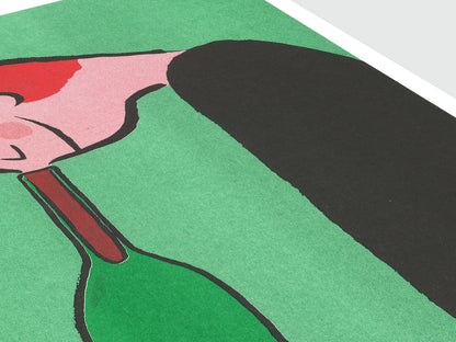 Bottiglia poster, close-up on a hand holding the neck of a green bottle