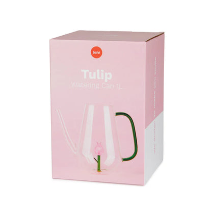 Botanical Tulip watering can 1L packaging with the painted pink tulip on the glass jug.