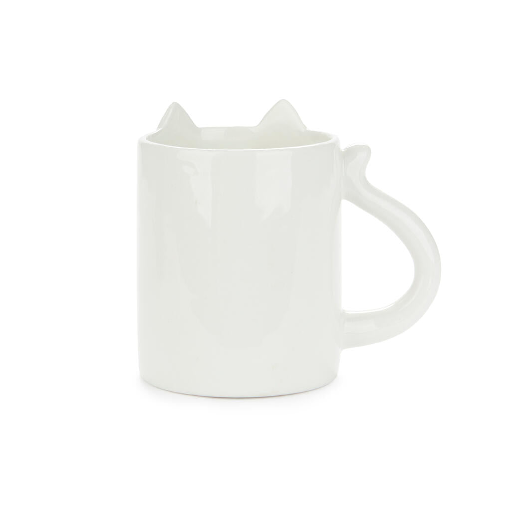 Tazza Cool Cat Calico: la tazza bianca vista di profilo con orecchie e manico a coda.