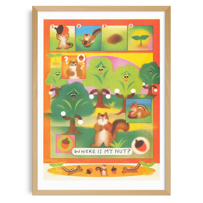 Framed poster of cartoon squirrels with the caption Where Is My Nut