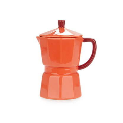 Orange Moka mug with a burgundy handle and the lid on, white background