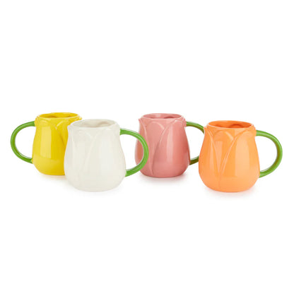 Yellow, white, pink and orange Tulip mugs lined up together