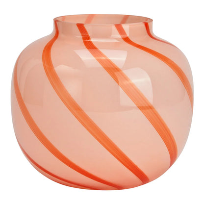 Candy Stripe vase in peach-coloured glass with diagonal orange stripes, empty.