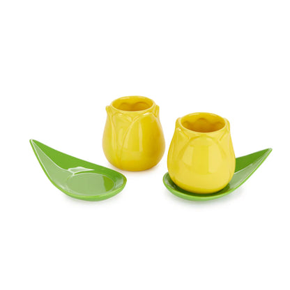 Tulip Coffee Cup Set: a closer view of the yellow cups and green saucers, white background.
