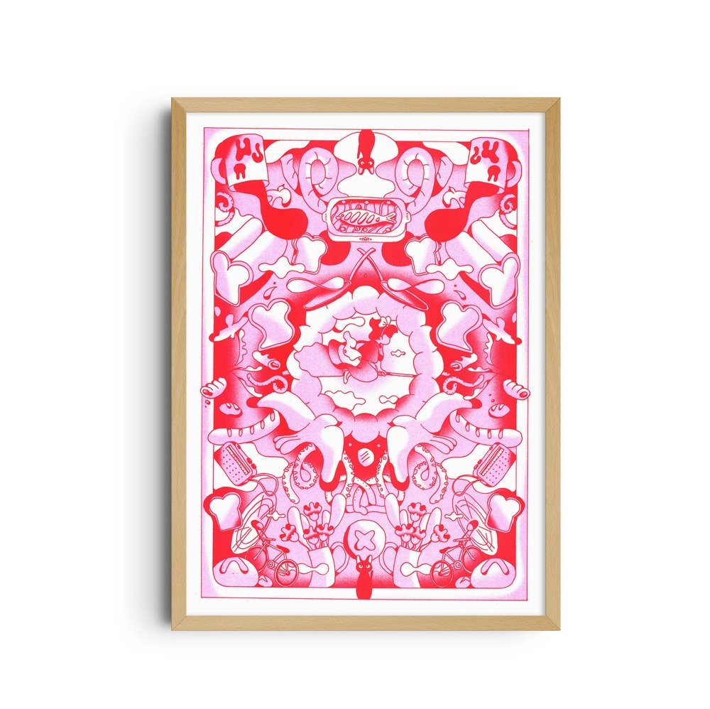 Poster Kiki the Little Witch Agathe Bruguière Stampa Risograph Carta 150g A3 29,7x42 cm: poster incorniciato con un motivo decorativo rosa e rosso a forma di cuore