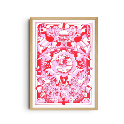 Poster Kiki the Little Witch Agathe Bruguière Stampa Risograph Carta 150g A3 29,7x42 cm: poster incorniciato con un motivo decorativo rosa e rosso a forma di cuore