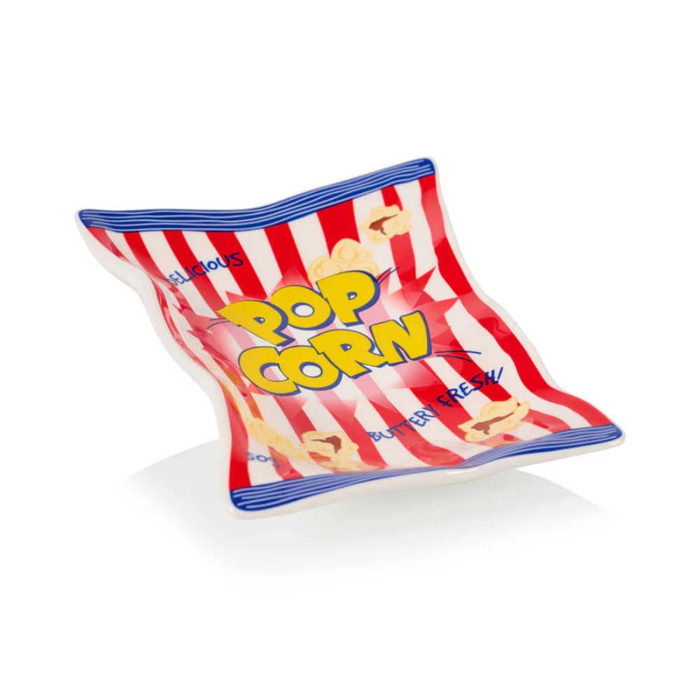 Vassoio Pop Corn a forma di sacchetto, con la stampa della scritta Pop Corn.
