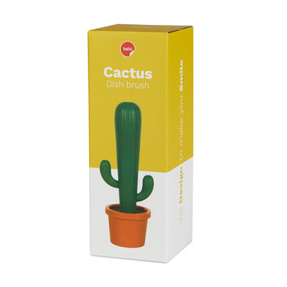 Cactus dish brush in its box, with an orange pot-shaped base.