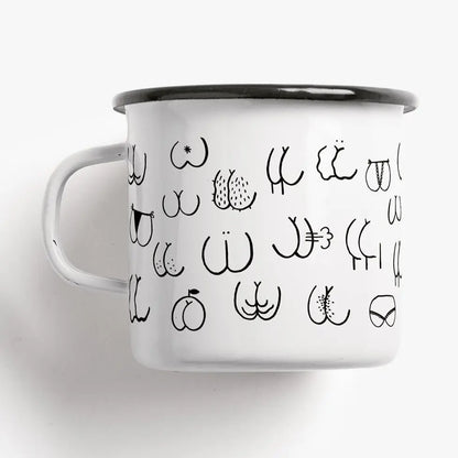Tazza Bad Ass: a white mug covered in small stylised black bottom doodles.