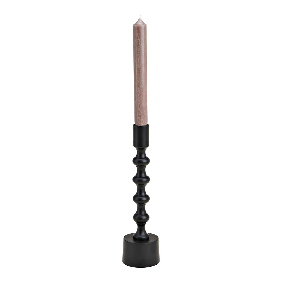 Candeliere Totem: a black totem-shaped candlestick made of stacked spheres, holding a taupe candle.