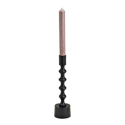Candeliere Totem: a black totem-shaped candlestick made of stacked spheres, holding a taupe candle.
