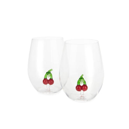 Botanical Cherry glass set, close-up on the cherry decoration, white background