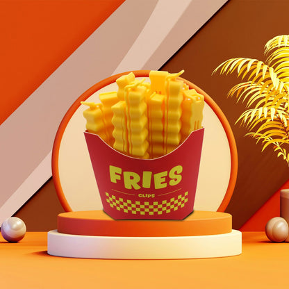 Red striped box with yellow fries-shaped bag clips, displayed on a stand