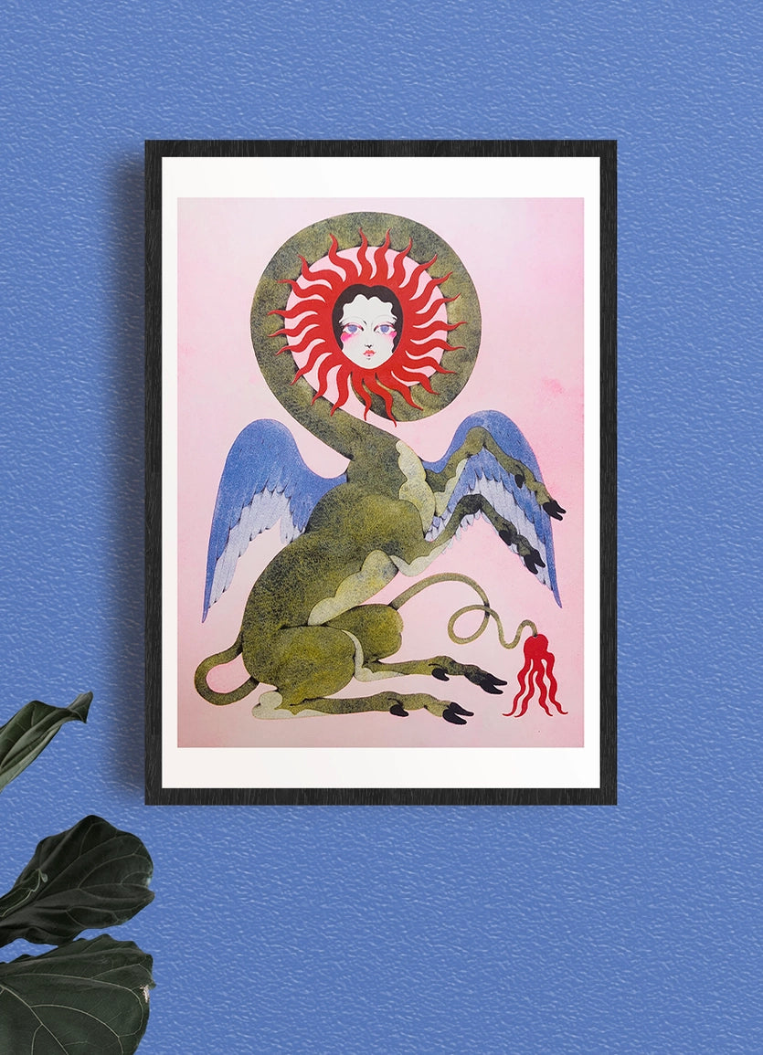 The Angel poster framed on a blue wall, a winged creature with a face at the centre of a red sun