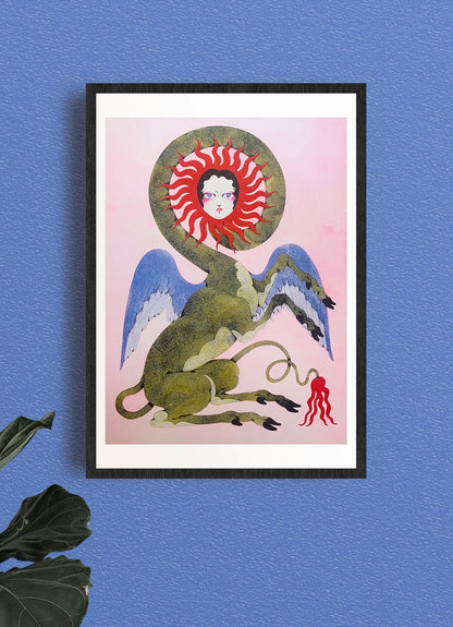 The Angel poster framed on a blue wall, a winged creature with a face at the centre of a red sun