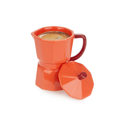 Orange Moka mug, a hand lifting the lid off the mug