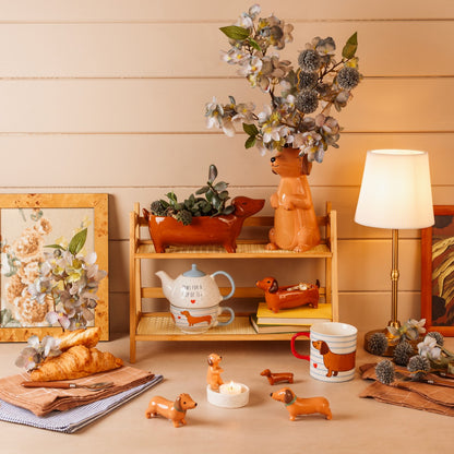 Bassotto Vaso Svuotatasche shown on a wooden shelf with a teapot, mugs and other dachshund figurines.