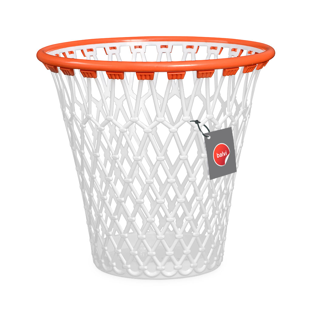 Basketball-hoop shaped waste bin, white net with an orange rim, on white