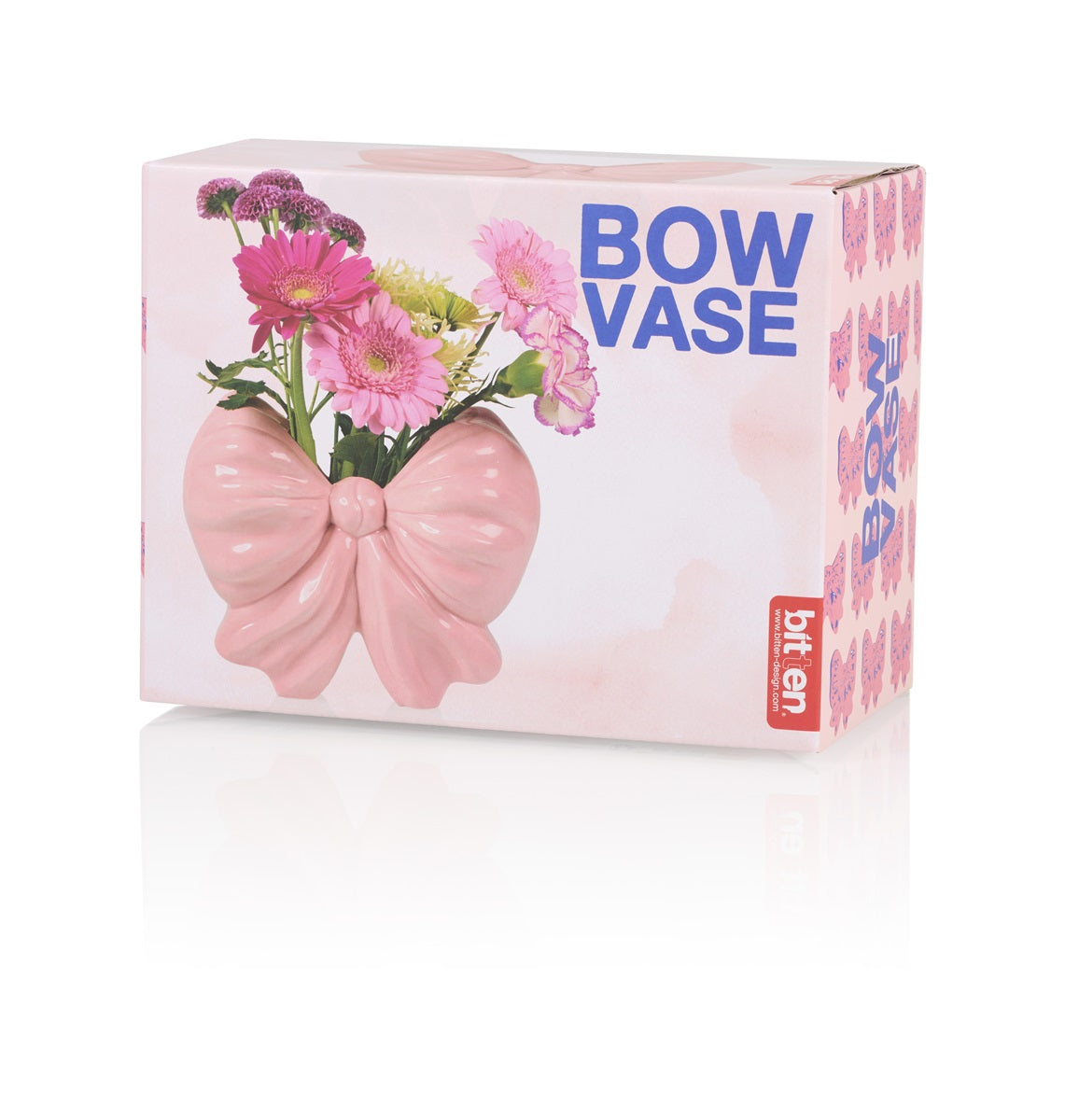 Fiocco bow-shaped vase, pink packaging with an illustration of the vase and flowers.