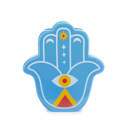 Blue Lucky Hand vase seen from the front, without the face design