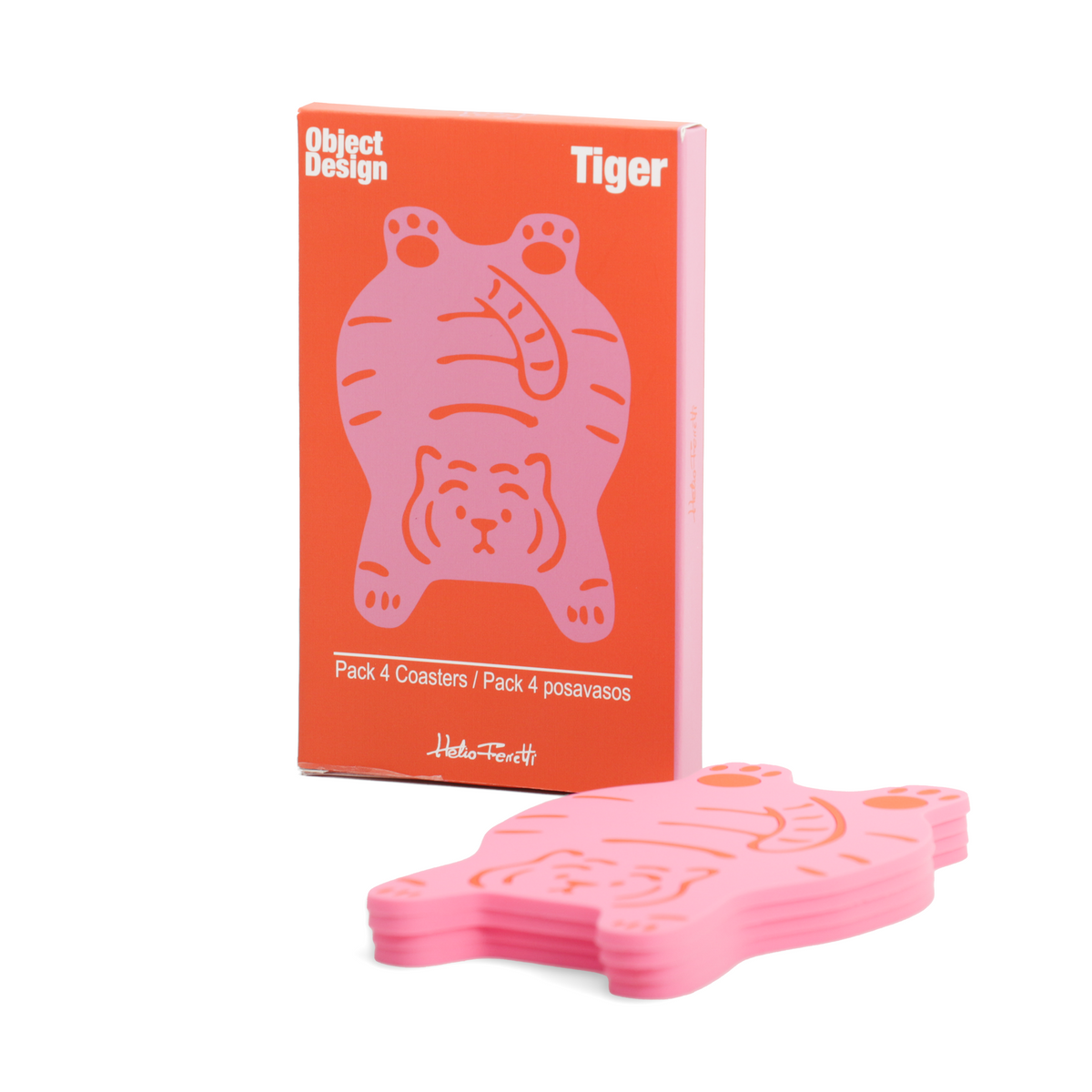 Tiger coasters, orange box with a pink tiger illustration and the coaster pack in front